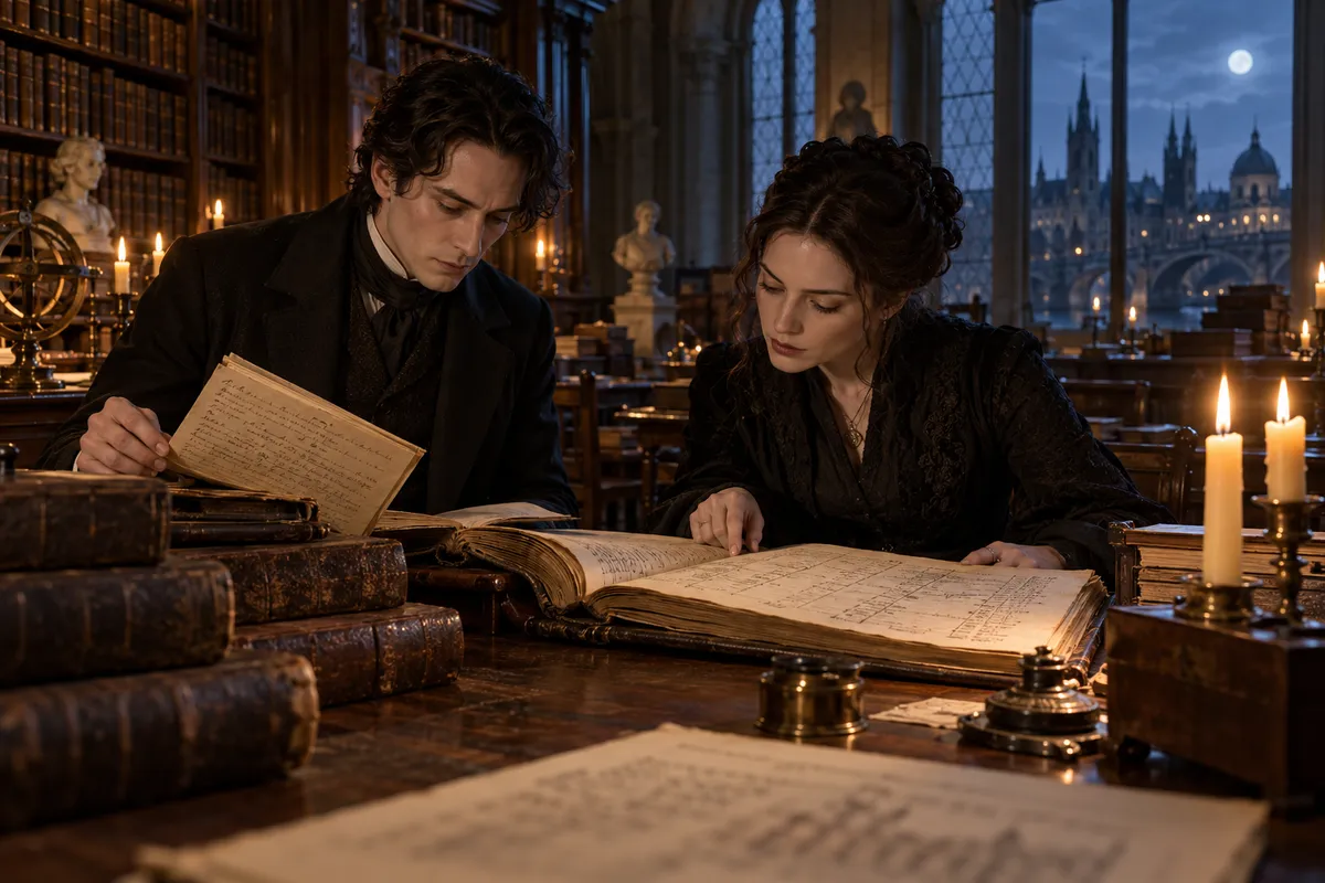 Vampire historians studying records in a night archive.